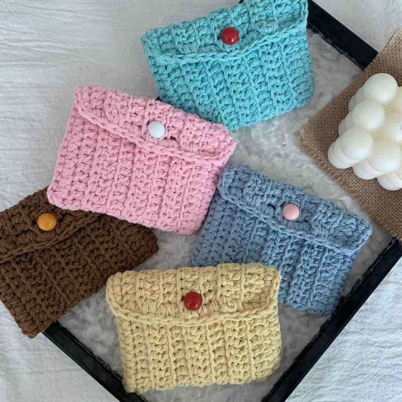 カードケース レディース メンズ 手編み ストライプ柄 コットン 綿製 ミニ財布 コインケース 定期入れ ICカードホルダー 携帯用 男女兼用 クリームイエロー ピンク ブルー ティファニーブルー キャメル(x3)