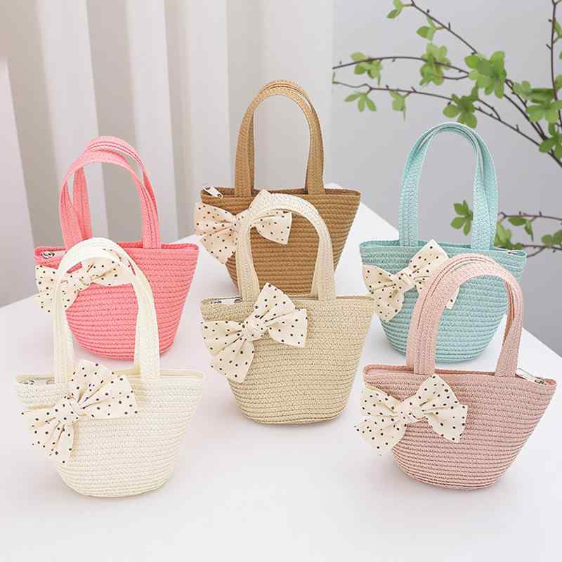 子供用 かごバッグ 草編み 手提げバッグ 女の子 夏 斑点 模様 蝶結び ハンドバッグ ミニ財布 ビーチ 旅..