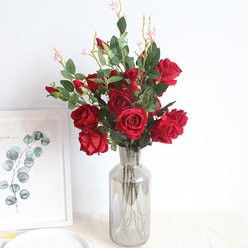 バラ 造花 インテリア 3輪 ベルベット調 赤 桃 白 シャンパン(x5)