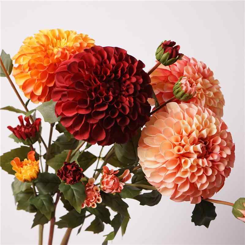 造花 秋色系 珊瑚 大麗花 デージー 4頭 シャンパンカラー ピンク系 オレンジ レッド系 撮影道具 ホームデコレーション(x3)