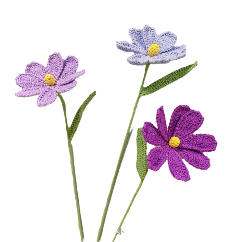 花束 格桑花 手編み 毛糸 鉤針編み インテリア 飾り 白 赤 黄色 ピンク 紫 青(x3)