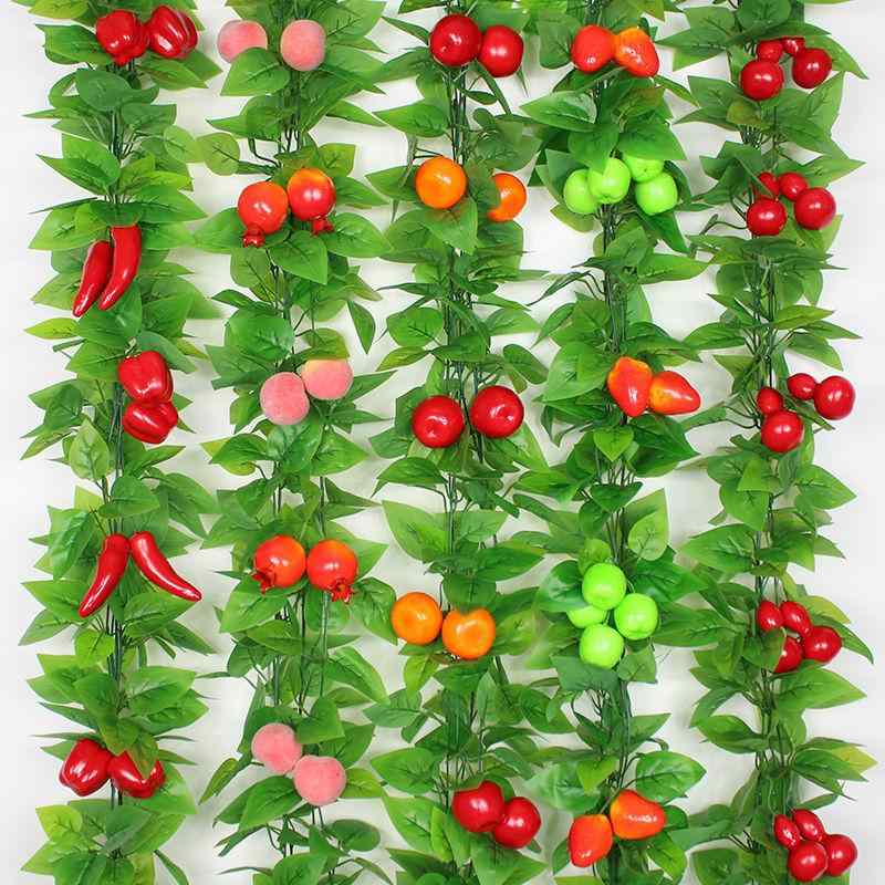 造花 フェイクフルーツ 藤の蔓 吊り下げ装飾 プラスチック製 グリーン 葉っぱ モモ イチゴ リンゴ ザク..