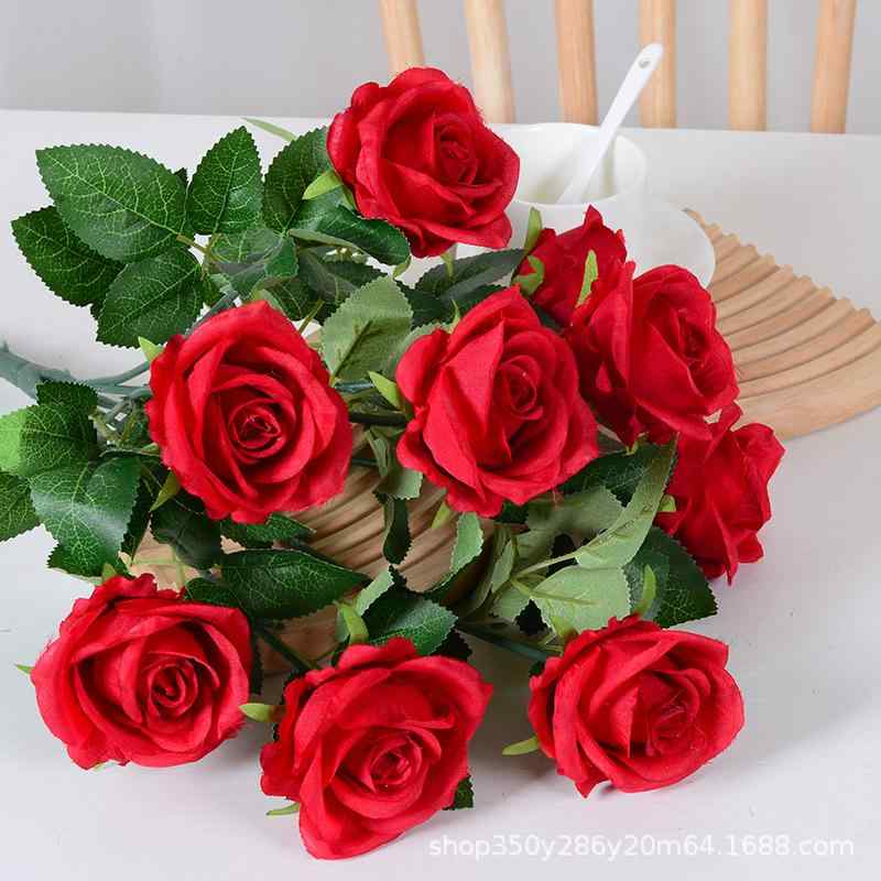 バラ 造花 花束 9本 人工 絹花 ウェディング ブーケ ホーム デコレーション 撮影道具 ホワイト オレンジ ピンク系 レッド ブルー(x2)