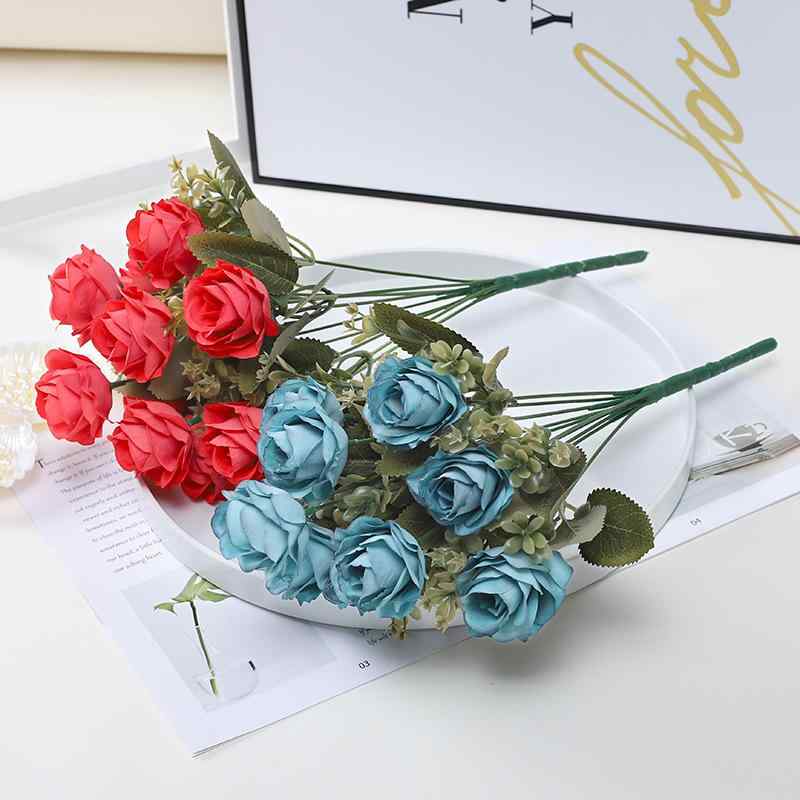 造花 10本 薔薇 ブーケ 撮影小物 結婚式 インテリア ディスプレイ リビング 飾り 贈り物 ギフト ブルー レッド シャンパン イエロー ピンク オレンジ ホワイト