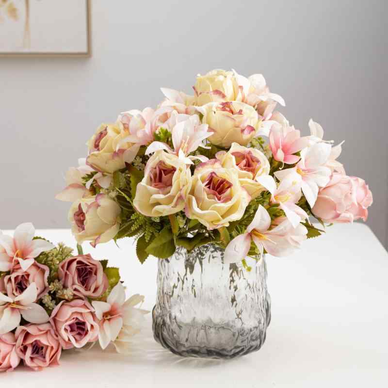 花束 ヨーロピアン 豪華感 リアルタッチ バラ 造花 ユリ 絹花 ダイニングテーブル 飾り 白 ワインレッド オレンジ レッド ピンク シャンパンピンク