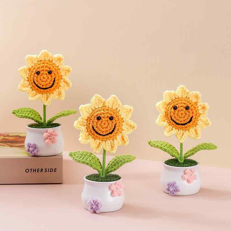 盆栽 インテリア 手編み 笑顔 ひまわり 造花 車載 飾り 子供 ギフト(x10)