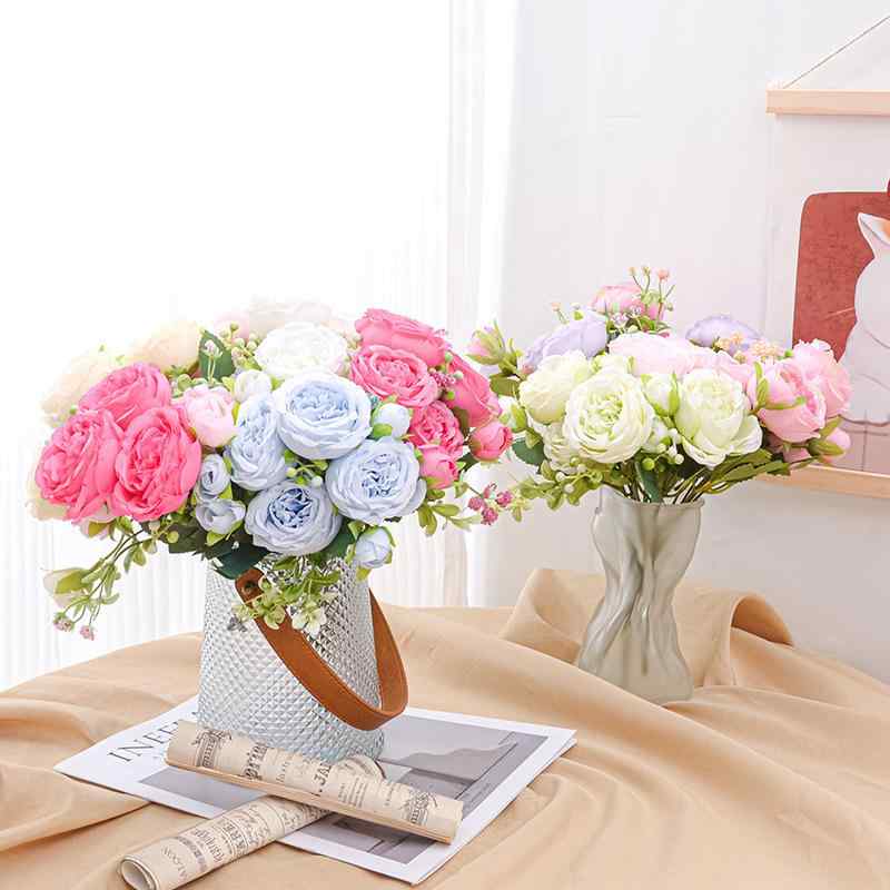 造花 インテリア 5頭 ペルシャ ローズ 牡丹 絹花 ホワイト シャンパン ピンク系 ブルー パープル グリーン ブーケ アレンジメント(x2)