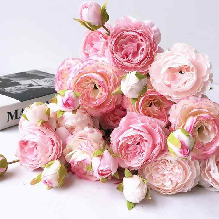 造花 3輪 ラナンキュラス 大輪 フラワー 花束 ホワイト ピンク系 シャンパン 写真撮影 インテリア 飾り(x5)