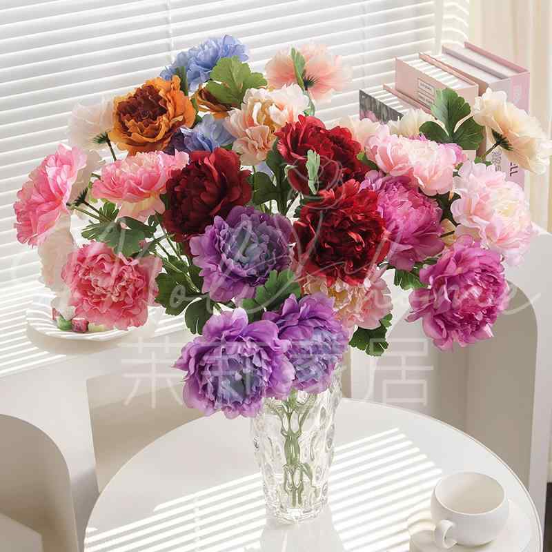 造花 牡丹 3本 家具 リビング 卓上 摆件 撮影道具 インテリア ウェディング 白茶色 酒红色 玫红色 肉ピ..