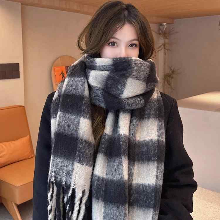マフラー レディース 秋冬 黒白 格子柄 防寒 ストール ショール 襟巻き 暖かい ポリエステル ビジネス ..