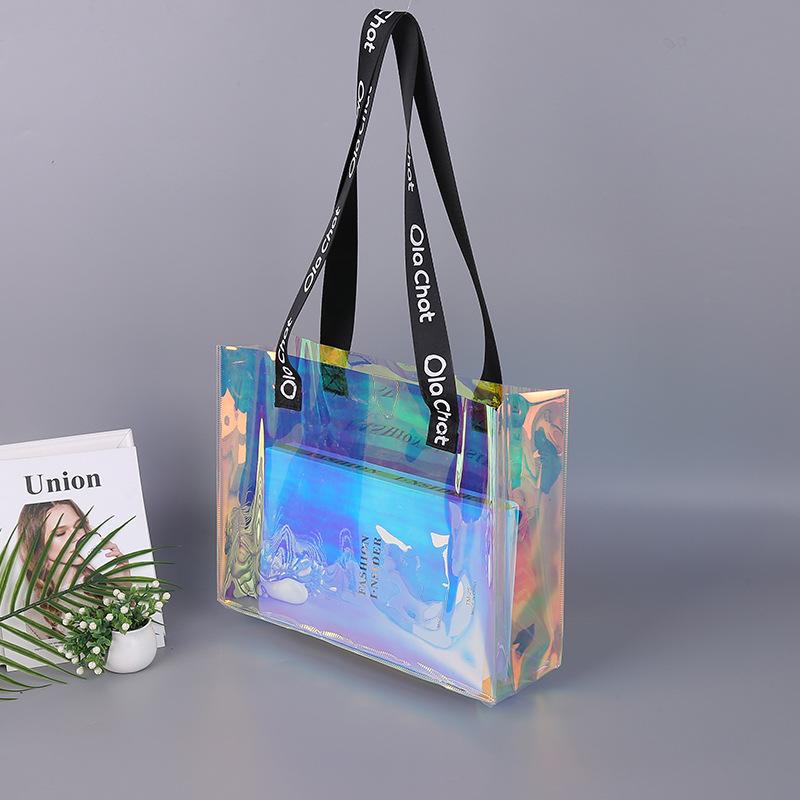 トートバッグ レディース メンズ PVC ハンドバッグ 虹色 グラデーション オーロラ ビニールバッグ 買い物袋 手提げ袋(x100)
