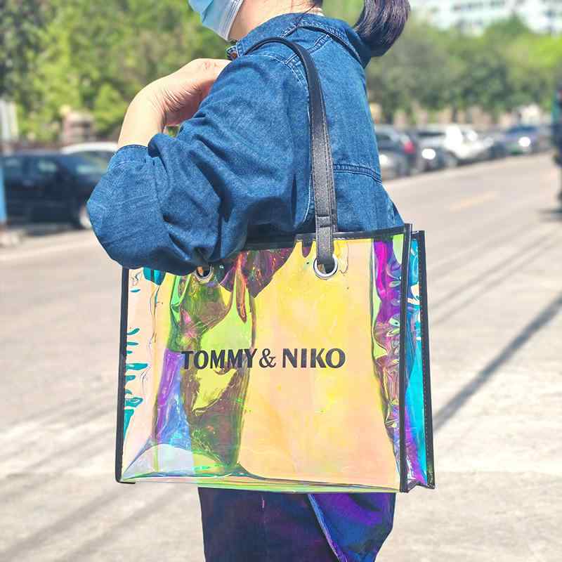 トートバッグ レディース ビーチバッグ PVC 透明 手提げ 肩掛け バッグ 鞄 軽量 撥水性 大容量 普段使い(x100)