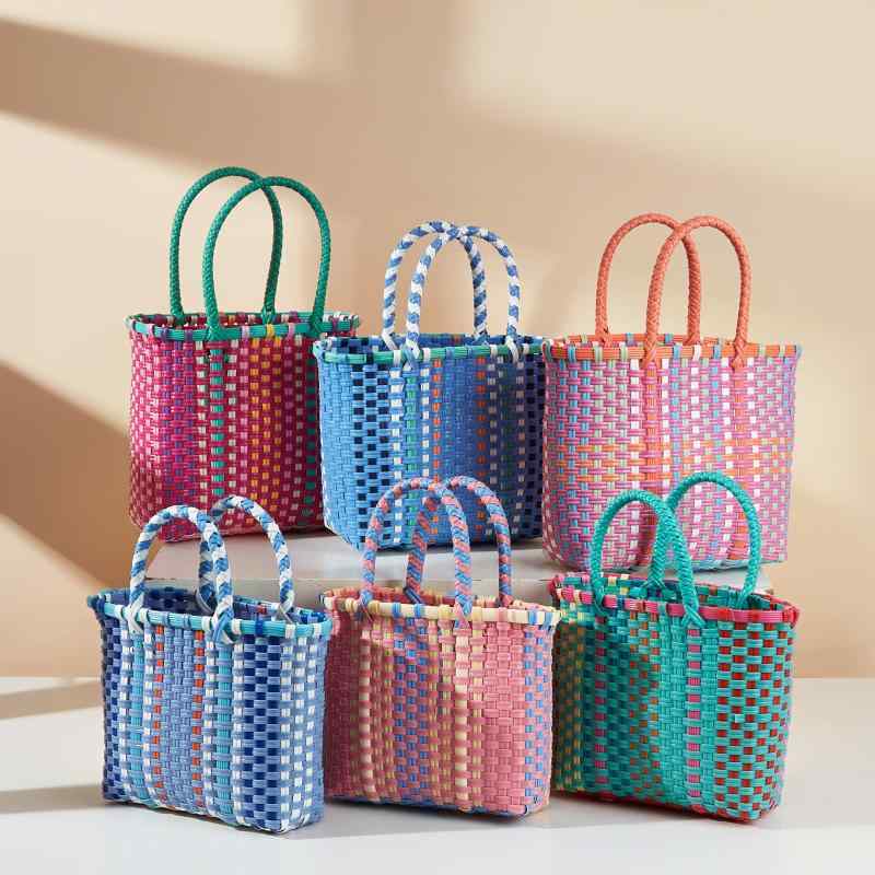 かごバッグ レディース 手編み ハンドバッグ プラスチック PP素材 ショッピングバッグ 買い物袋 ブルー..