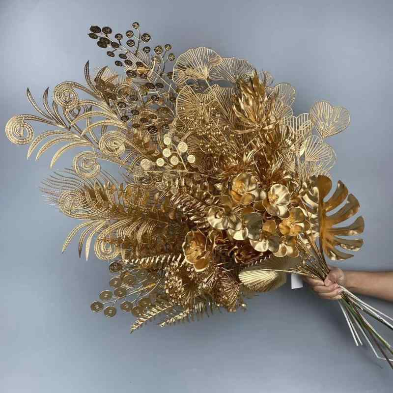 造花 フェイクフラワー ゴールド系 福桶 扇 ユーカリ 孔雀羽 桃 ハート 鳳尾 火焔花 竜 薔薇 ポットブ..