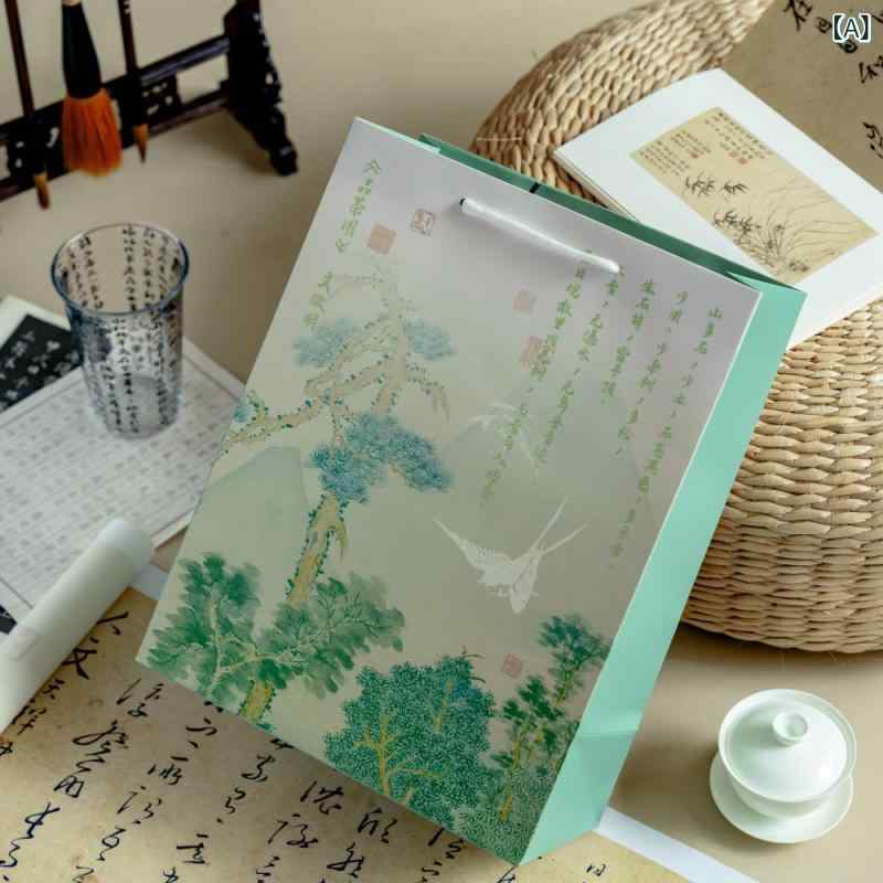 ギフトバッグ 中国風 手提げ袋 和風 紙袋 クラシック 千里江山 瑞鶴呈祥 品茶図 大小サイズ 白カード