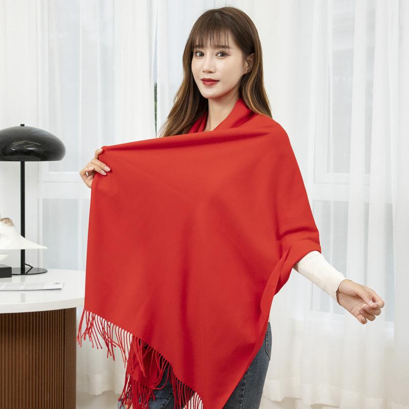 マフラー レディース メンズ ウール混紡 ストール ショール 秋冬 赤 無地 フリンジ付き 防寒 あったか ..