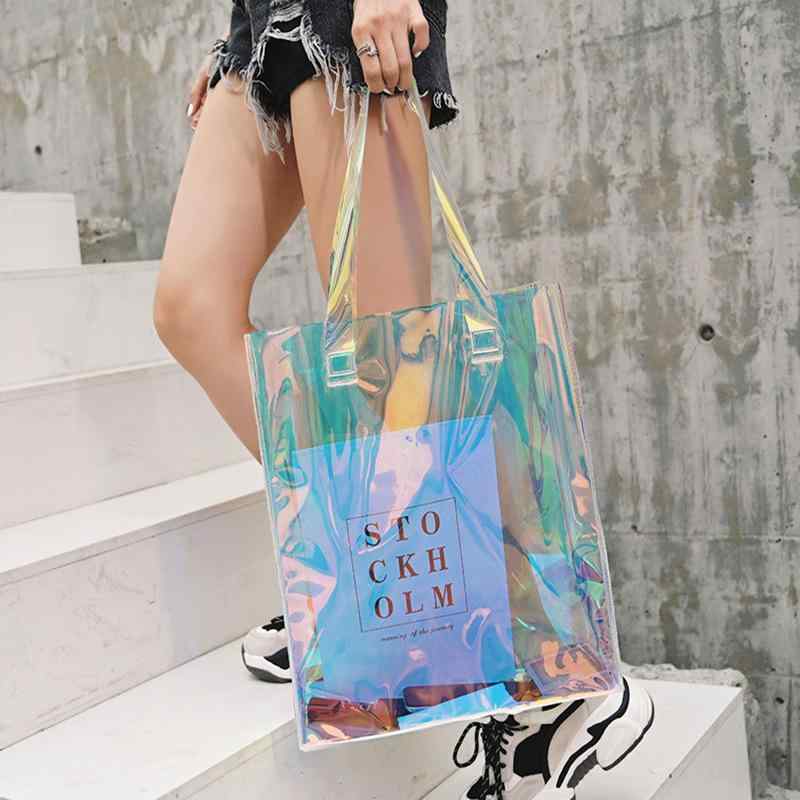 トートバッグ レディース PVC 透明 ハンドバッグ 虹色 レーザー加工 普段使い お出かけ(x500)