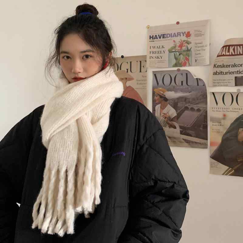 マフラー レディース 秋冬 ニット 保温 学生 やわらか 無地 カップル 韓国 220cm ポリエステル