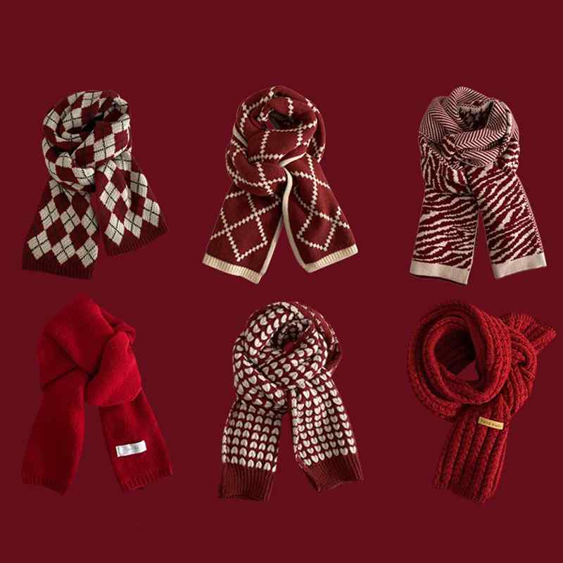 マフラー レディース メンズ ニット 秋冬 防寒 保温 クリスマス 新年 赤 ワインレッド カップル 学生 ..