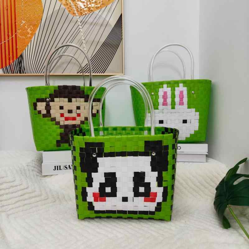 かごバッグ レディース 手提げ 草編み 織りバッグ アニマル パンダ ウサギ サル 犬 カジュアル 旅行(x2)