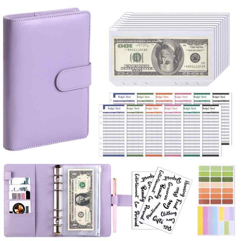 手帳 A6サイズ PUレザー バインダー式 マカロンカラー 家計簿 現金管理 少女 ピンク パープル グレー ..