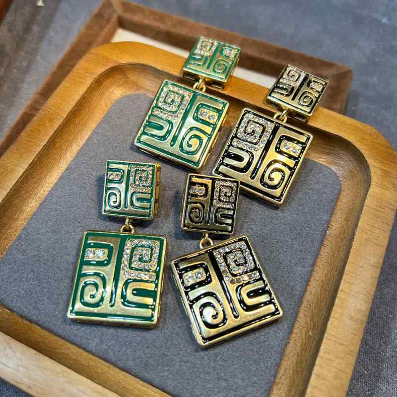 ピアス レディース ロシアンゴールド レトロ ヴィンテージ 国潮 エスニック アジアンテイスト 幾何学模様 緑 黒 パール(4)