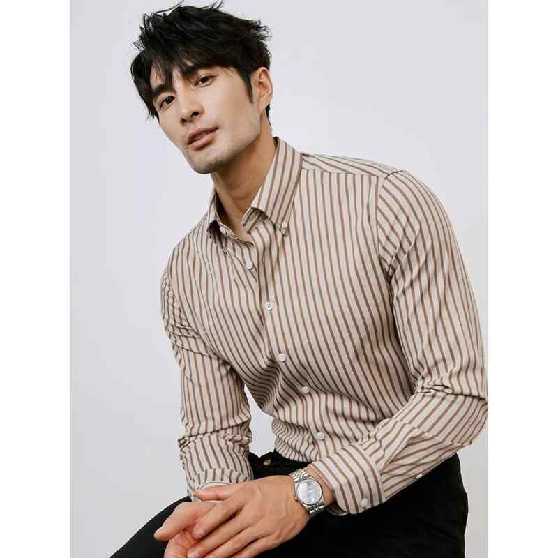 シャツ メンズ 男性用 長袖 ストライプ ポリエステル 抗シワ 形態安定 トップス カジュアル 普段使い ..