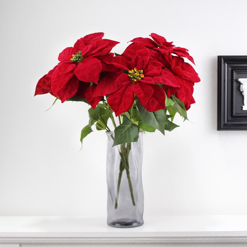 造花 ポインセチア 赤 ベルベット 人工 5本 家庭 花卉 撮影用 結婚式 クリスマス(x3)