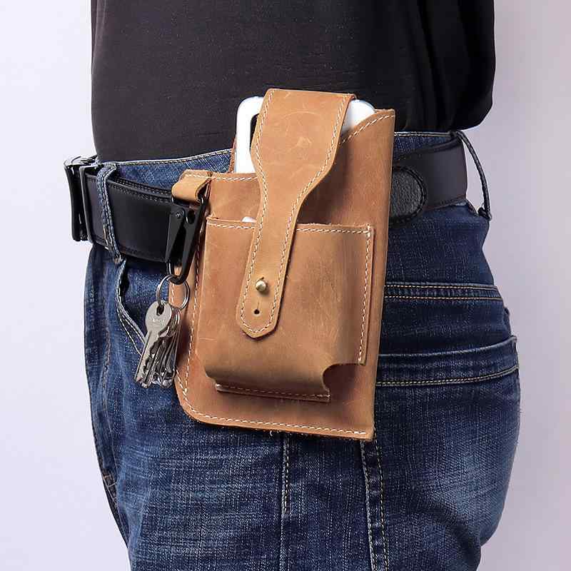 メンズ ウエストバッグ 革 レザー 縦型 紳士用 スマホポーチ ベルトポーチ ミニショルダーバッグ 斜めがけ 2way 黄茶色 ダークブラウン(3)