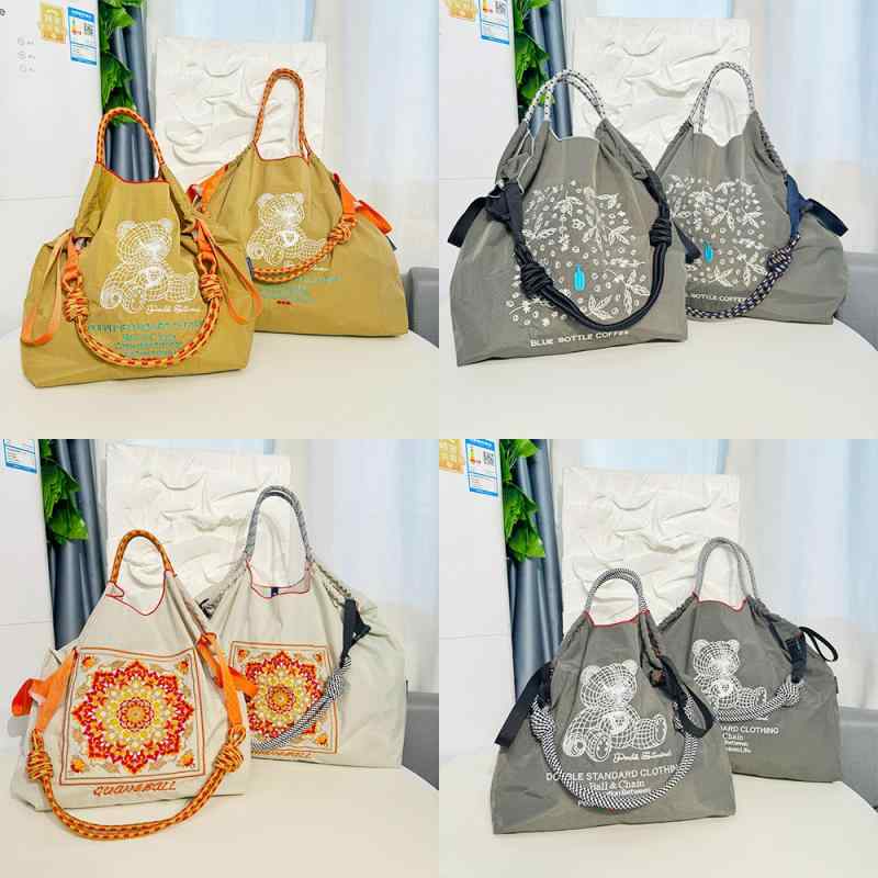 トートバッグ レディース 刺繡 ナイロン 買い物バッグ おしゃれ かわいい 中号 大号 肩掛け 普段使い スマホポケット付き グレー カーキ ホワイト ベージュ ブラック オレンジ ピンク