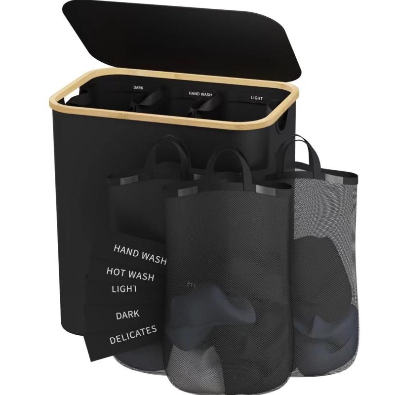 ランドリーバスケット 竹製 木製 ふた付き 内袋付き 折りたたみ ランドリー収納 洗濯カゴ 脱衣かご 大容量 楠竹 オックスフォード布 ミルクホワイト ブラック グレー