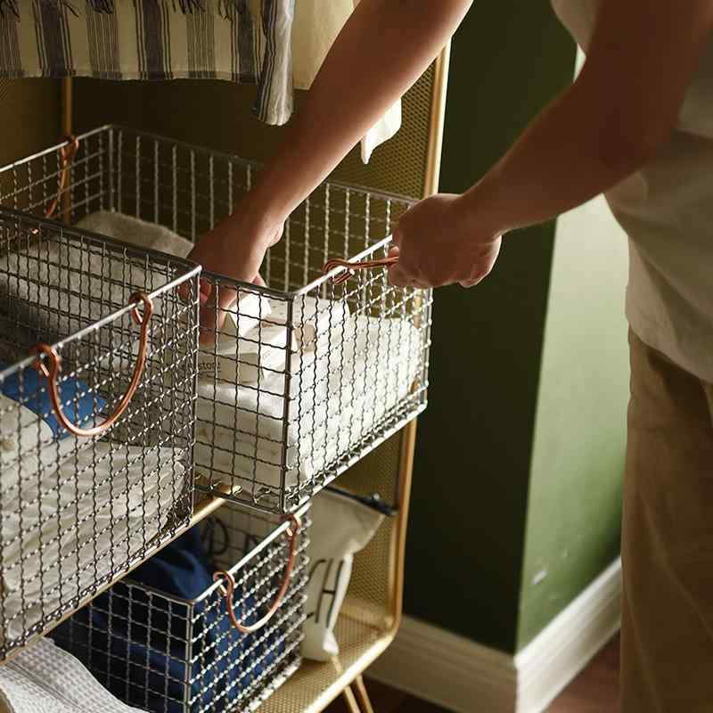 収納ケース 収納ボックス ランドリーバスケット 鉄製 メッシュ 波模様 洗濯かご 着替え