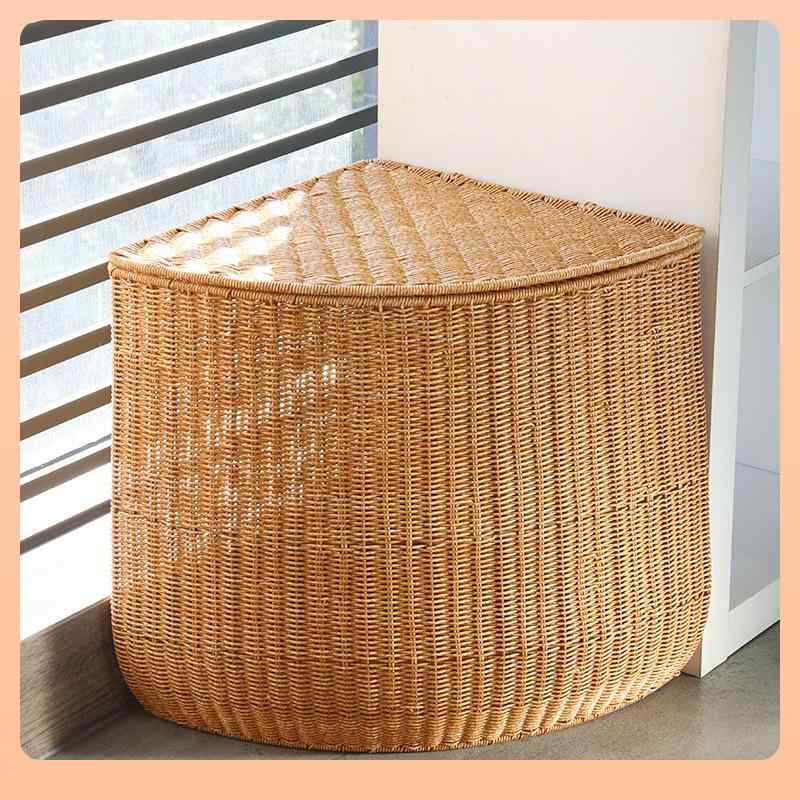 ランドリーバスケット 洗濯かご 扇形 コーナー ランドリー収納 脱衣かご 蓋つき 洗濯物入れ 編み込み 浴室 プラスチック製