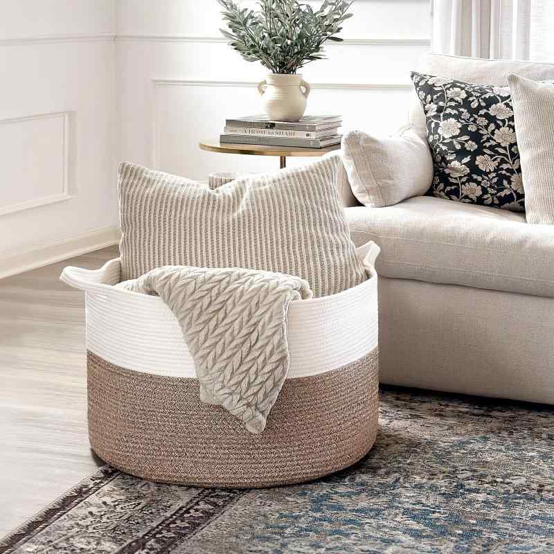 ランドリーバスケット 綿ロープ編み 柔らかい収納バスケット おもちゃ ぬいぐるみ タオルケット収納 手..