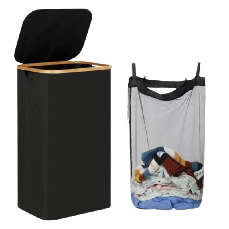 ランドリーバスケット 折りたたみ式 ふた付き 大容量 100L 竹製 布製 洗濯かご ランドリー収納 現代風 シンプル ブラック グレー オフホワイト