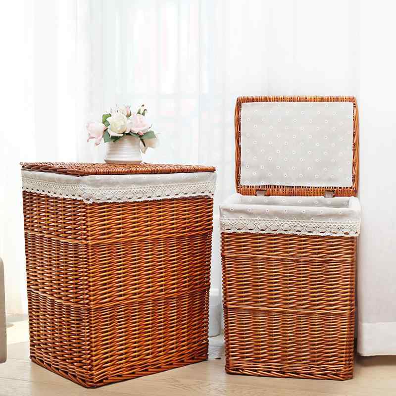 収納かご ランドリーバスケット 籐編み 草編み 柳編み ふた付き 布張り 大容量 ブラウン系