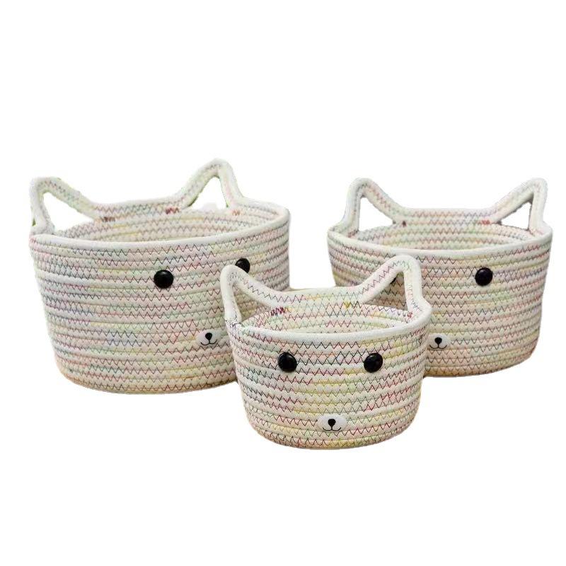 収納ケース レディース 猫耳付き 綿糸編み デスク収納ボックス 卓上収納 鍵置き ハンドメイド ベッドサイド収納 小物整理 かご バスケット 円形 ホワイト系 パステルカラー