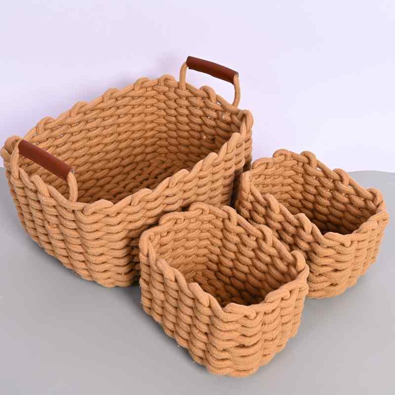 収納かご 編み込み ランドリーバスケット 収納ボックス ストレージボックス 綿ロープ デスク収納 小物入れ 下着 衣類 ホワイト アースカラー(x2)