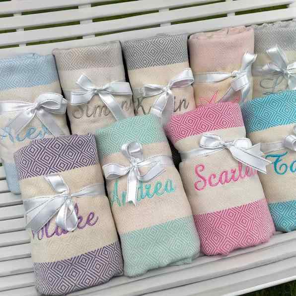 タオルケット コットン リネン ブランケット ビーチタオル 刺繡ロゴ ストライプ柄 オールシーズン 軽量..