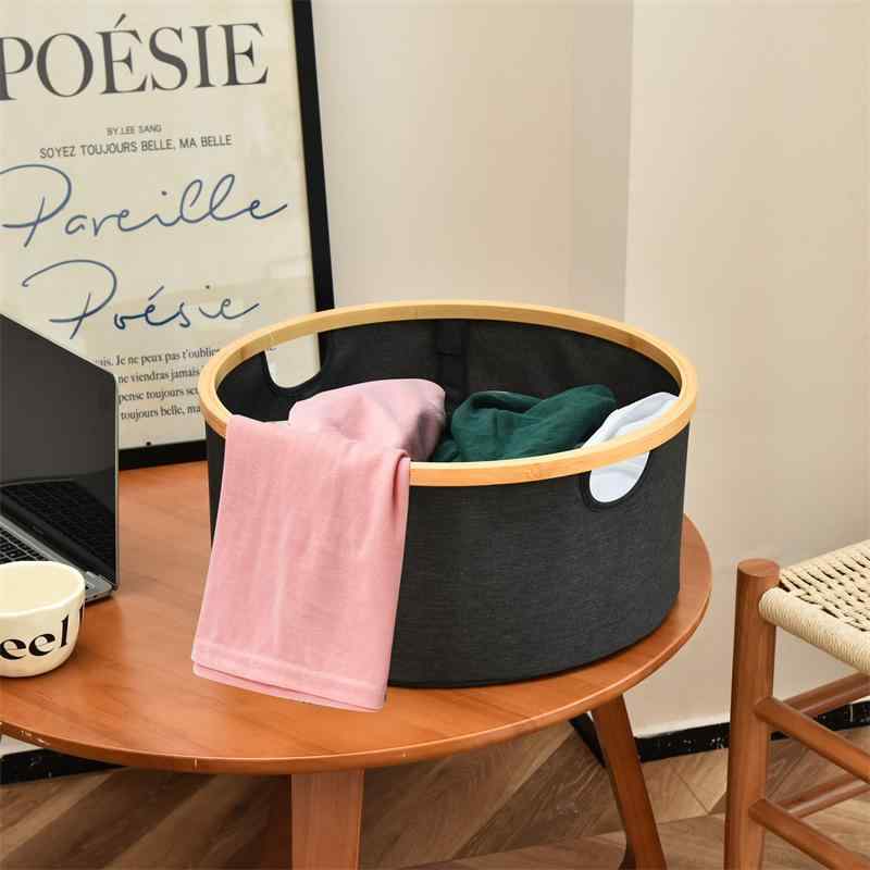 収納かご ランドリーバスケット 竹製 布製 折りたたみ 持ち運び 円形 雑貨収納 寝室 リビング 居間 脱衣所 ランドリー 衣類収納 おもちゃ収納(x2)