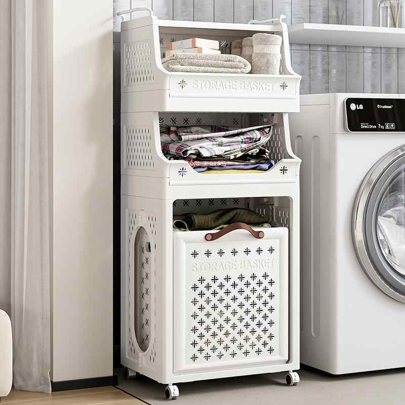 ランドリーバスケット 多段収納ラック 衣類収納かご 洗濯物入れ キャスター付き 浴室用 家庭用 多機能 PP素材 ホワイト クリーム