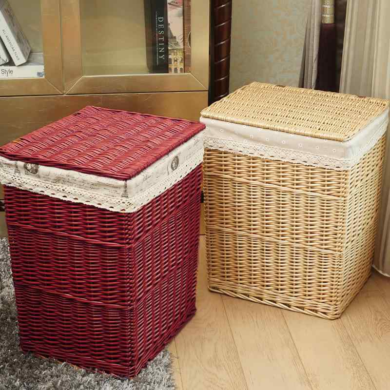 ランドリーバスケット 業務用 籐編み 柳編み 大容量 ふた付き 飲食店 脱衣かご 衣類収納ボックス(x2)