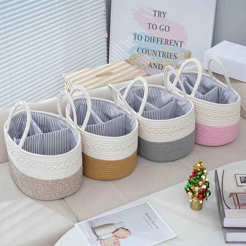 収納ボックス ベビー用品 衣類 おむつ ケア用品 整理かご 手提げ バッグ コットン ロープ 編み込み ピンク系 ホワイト グレー ブラウン 猫(x20)
