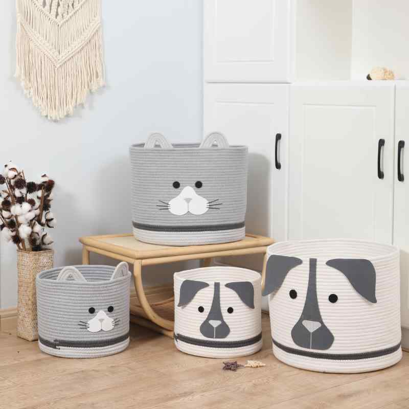 収納ケース キッズ 子供用 おもちゃ箱 ランドリーバスケット 衣類収納 コットンロープ バスケット かわいい 猫 犬 小物入れ 整理用