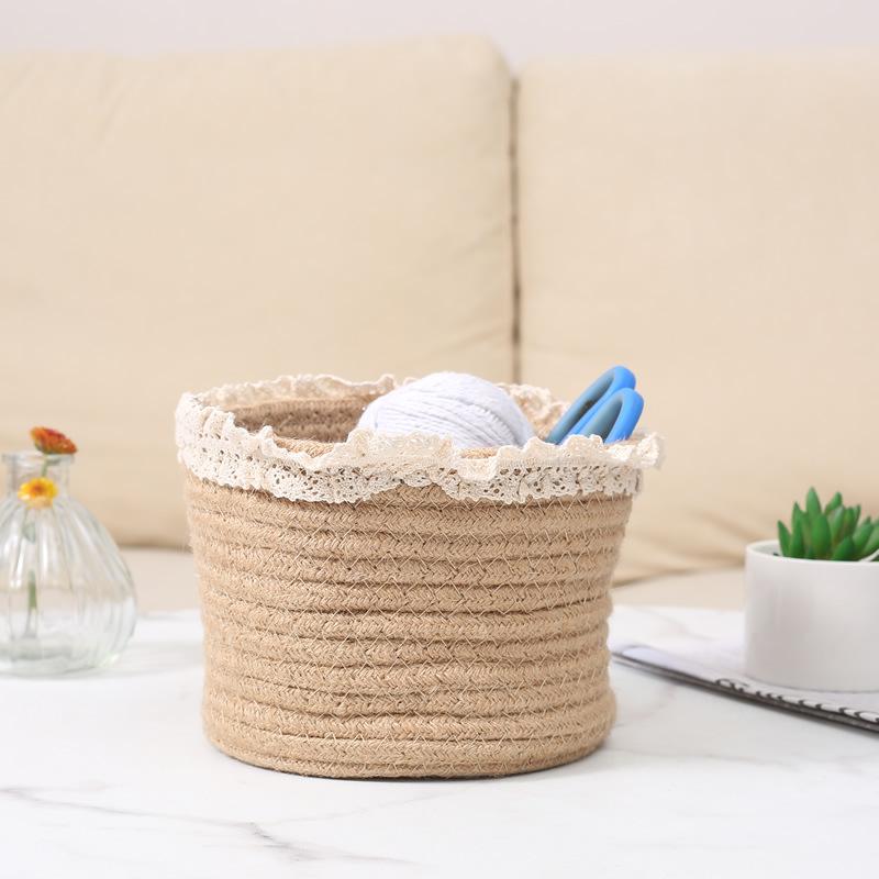 収納バスケット 手編み ウール 毛糸 綿 ロープ 卓上 小物入れ CD フルーツ 野菜 化粧品 本 雑誌 イヤホ..