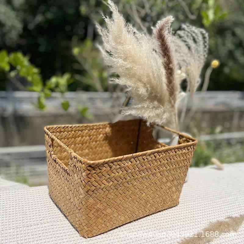 収納ボックス レディース 海草編み 整理ボックス 卓上 小物入れ 竹藤編み 籠 バスケット キッチン収納 野菜ストッカー オレンジ カラー ホワイト(x10)