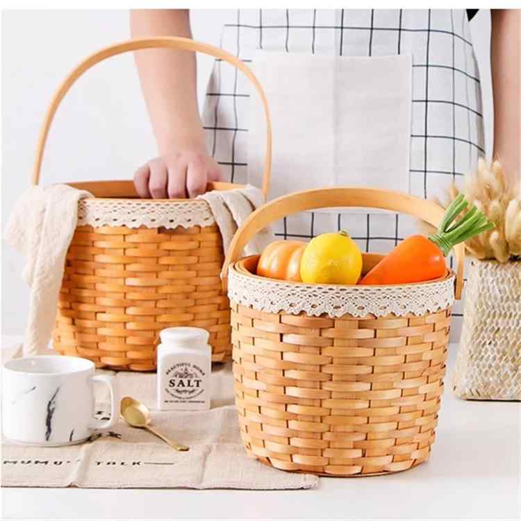 かご レディース ピクニック バスケット 木製 編み込み フルーツ バスケット 整理 収納 持ち手付き 小物入れ ガーデニング(x2)