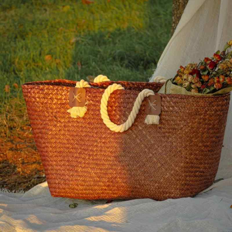 かごバッグ レディース 手編み 草編み トートバッグ 収納バスケット 特大 田園風 ランドリーバスケット..