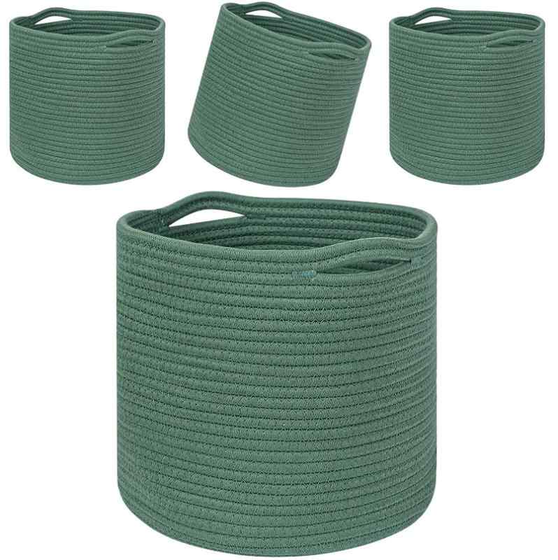 収納ケース レディース メンズ ランドリーバスケット 綿ロープ バスケット 編み込み 雑貨収納 CD リモコン 文具 本 雑誌 グリーン(x2)