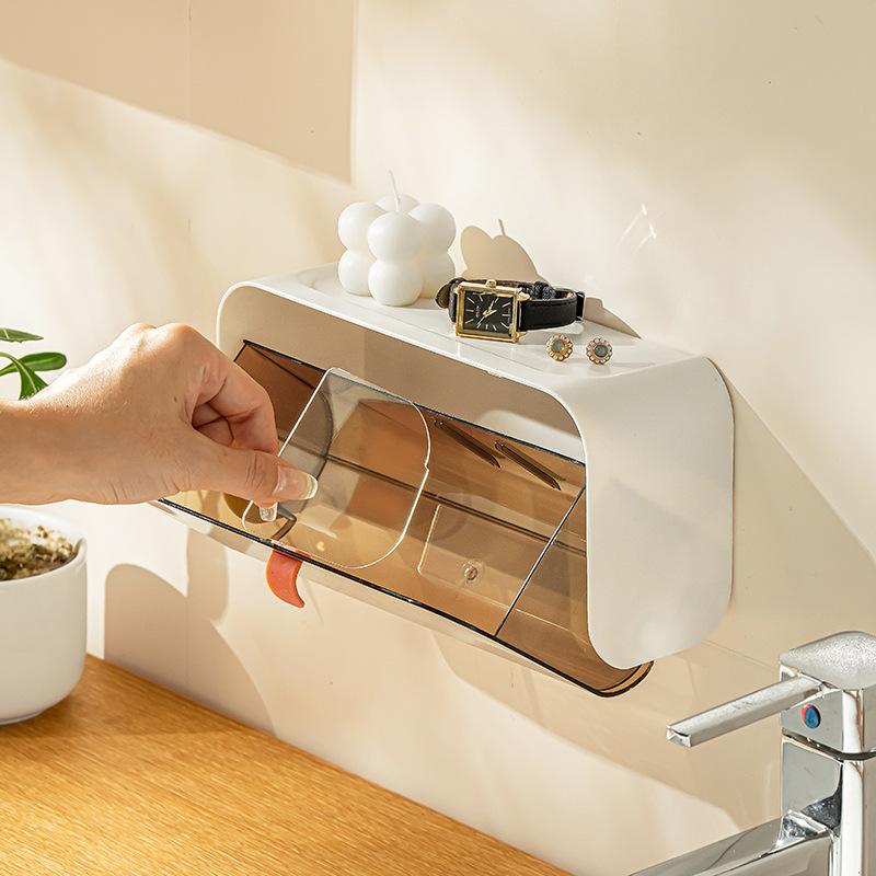 収納ボックス 壁掛け 透明 フタ付き パーテーション付き 多用途 サニタリー 生理用品 化粧品 小物入れ ドリル不要 白 ホワイト 茶色 ブラウン(x2)